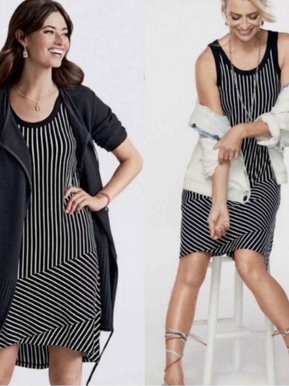 CAbi Black & White Asymmetrical Ruffle Hem Tank Dress